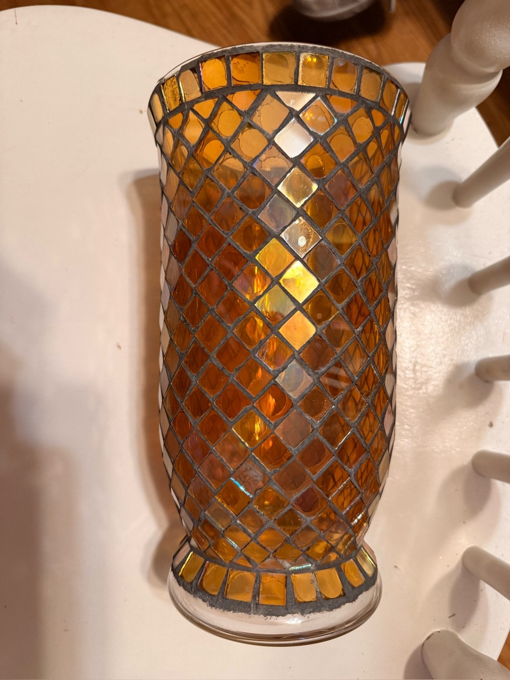 PartyLite Amber Mosaic Glass Vase with Iridescent Diamonds